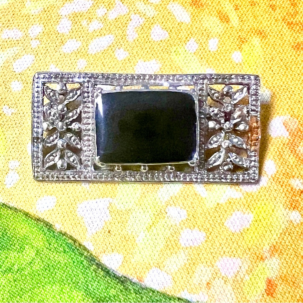 Vintage 925 Sterling Silver‎ Black Onyx Floral Art Deco Pin Brooch 1.5” L